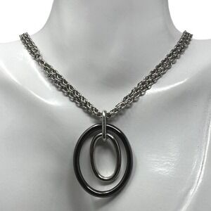 Silver Tone Necklace Silver and Black Oval‎ Pendant Double Chain